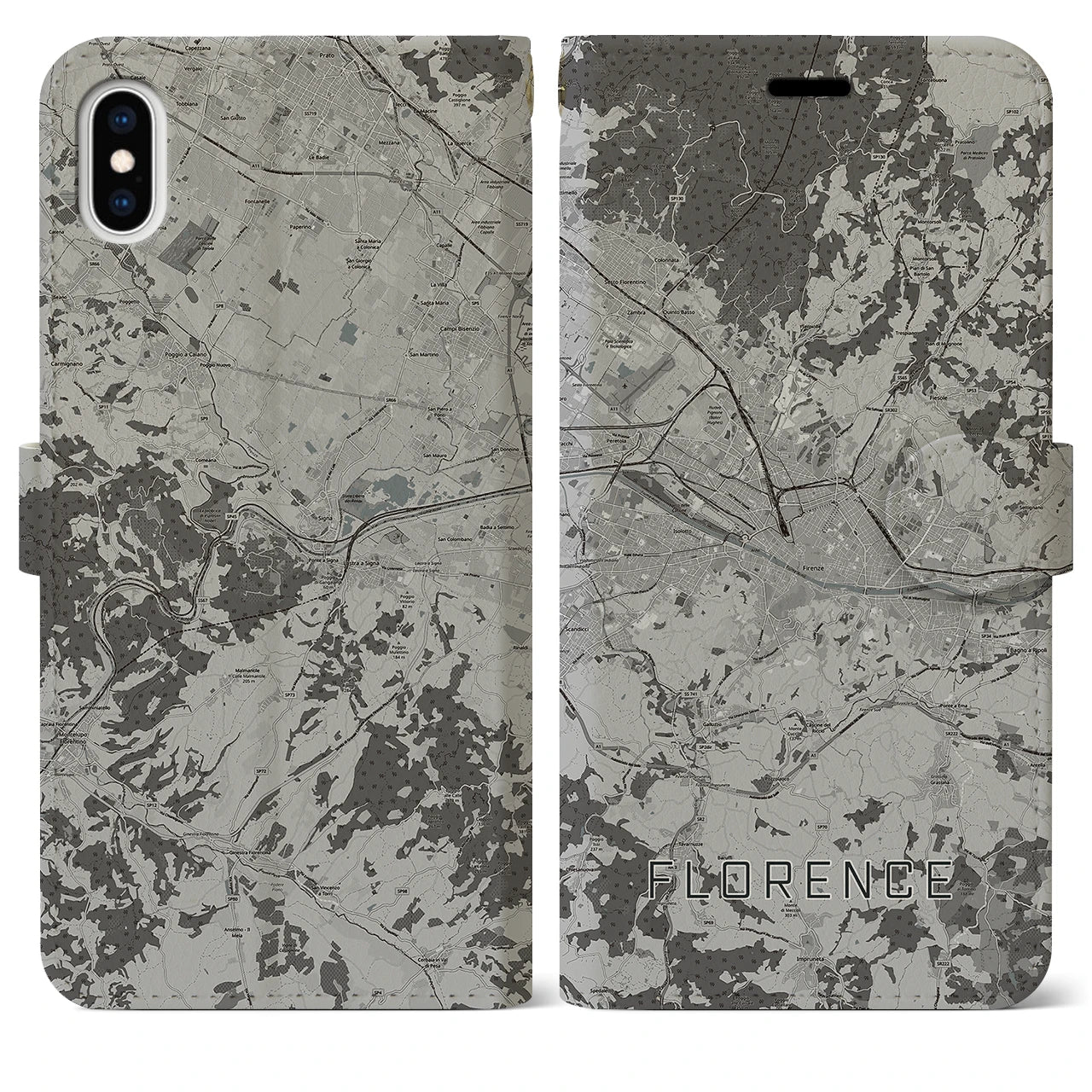 【フィレンツェ(イタリア)】地図柄iPhoneケース(手帳タイプ)モノトーン・iPhone XS Max 用