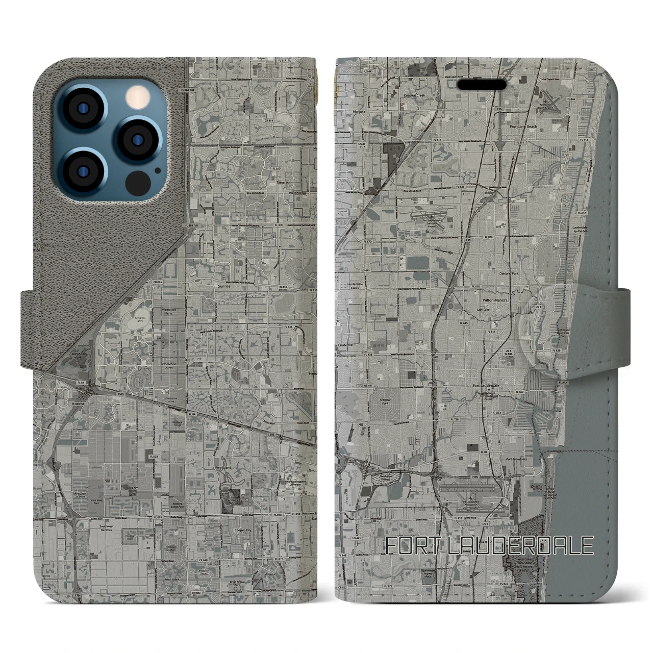 【フォートローダーデール(アメリカ)】地図柄iPhoneケース(手帳タイプ)モノトーン・iPhone 12 / 12 Pro 用