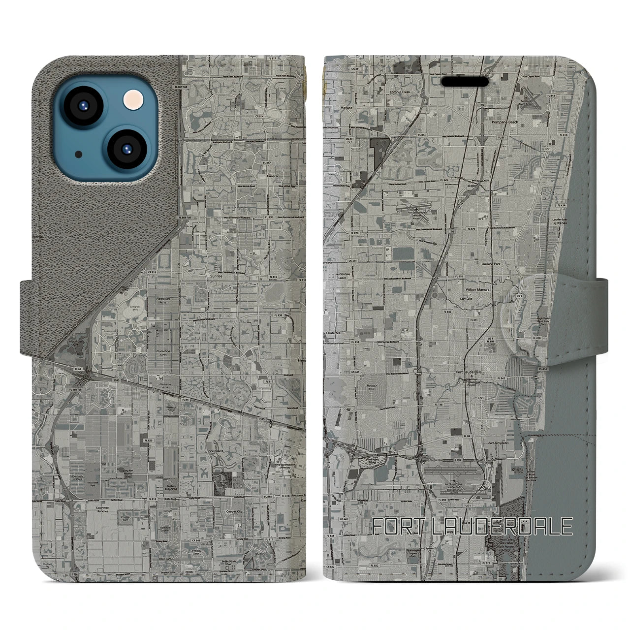 【フォートローダーデール(アメリカ)】地図柄iPhoneケース(手帳タイプ)モノトーン・iPhone 13 用