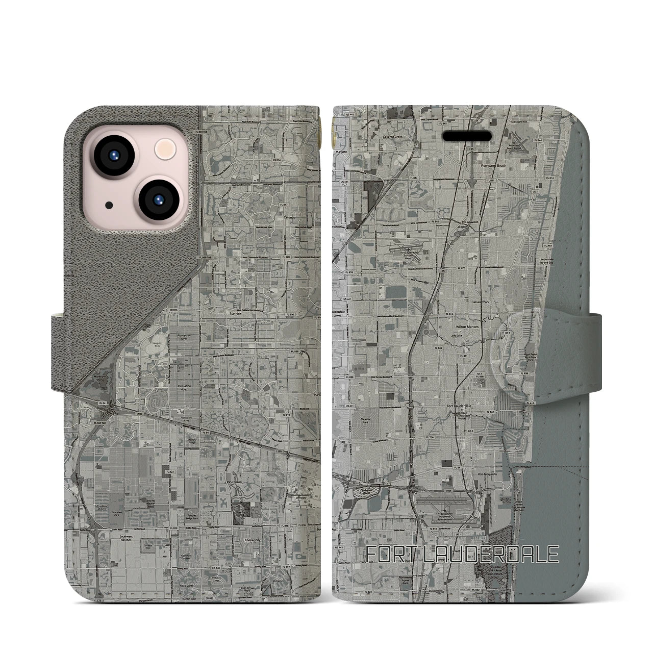 【フォートローダーデール(アメリカ)】地図柄iPhoneケース(手帳タイプ)モノトーン・iPhone 13 mini 用