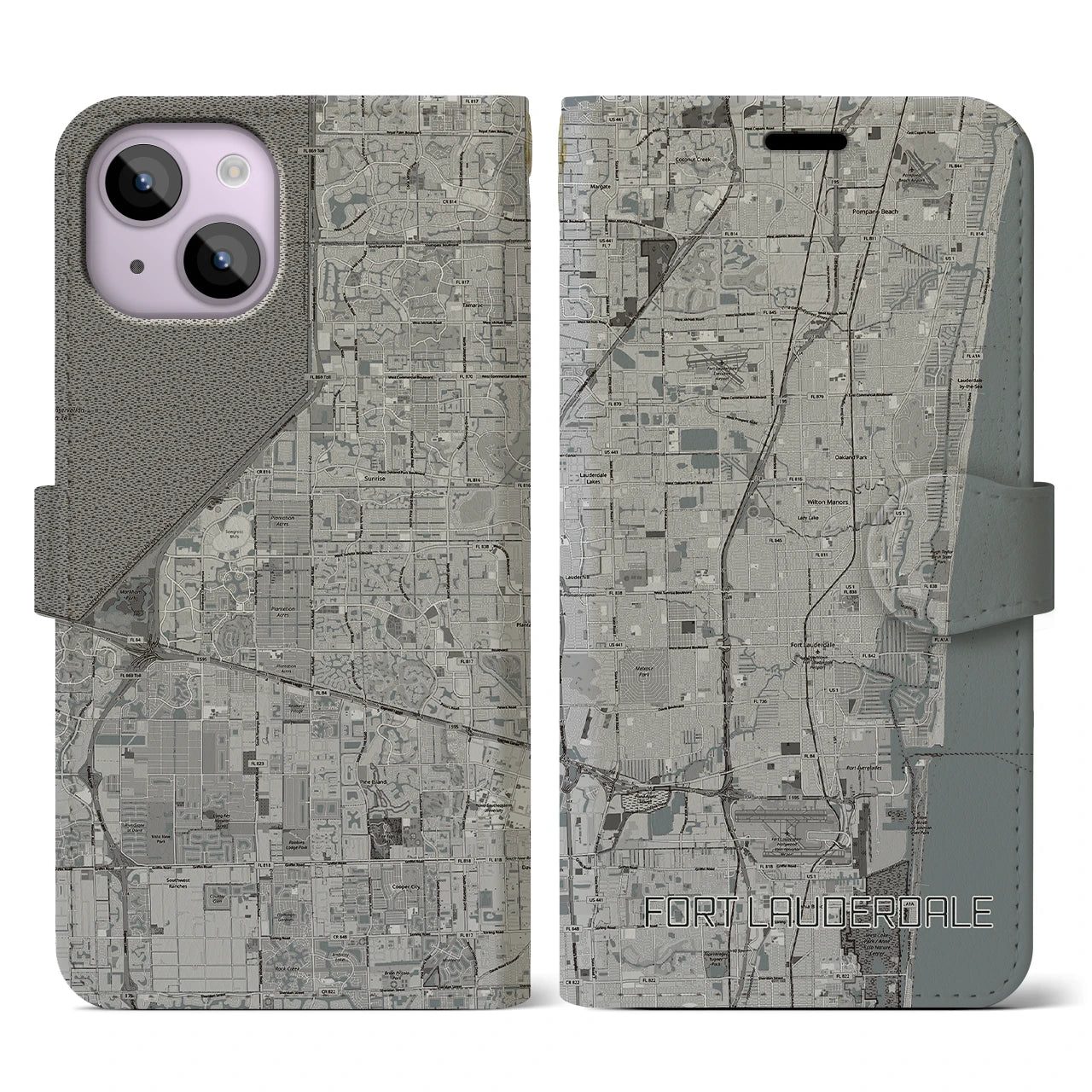 【フォートローダーデール(アメリカ)】地図柄iPhoneケース(手帳タイプ)モノトーン・iPhone 14 用