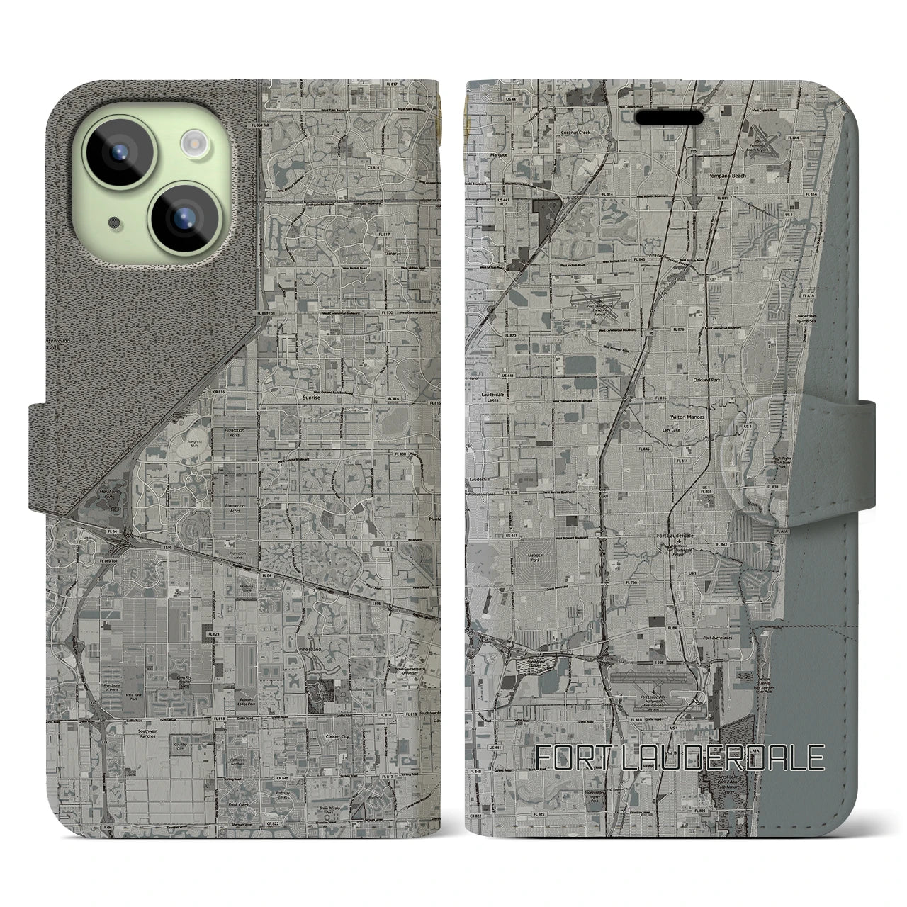 【フォートローダーデール(アメリカ)】地図柄iPhoneケース(手帳タイプ)モノトーン・iPhone 15 用