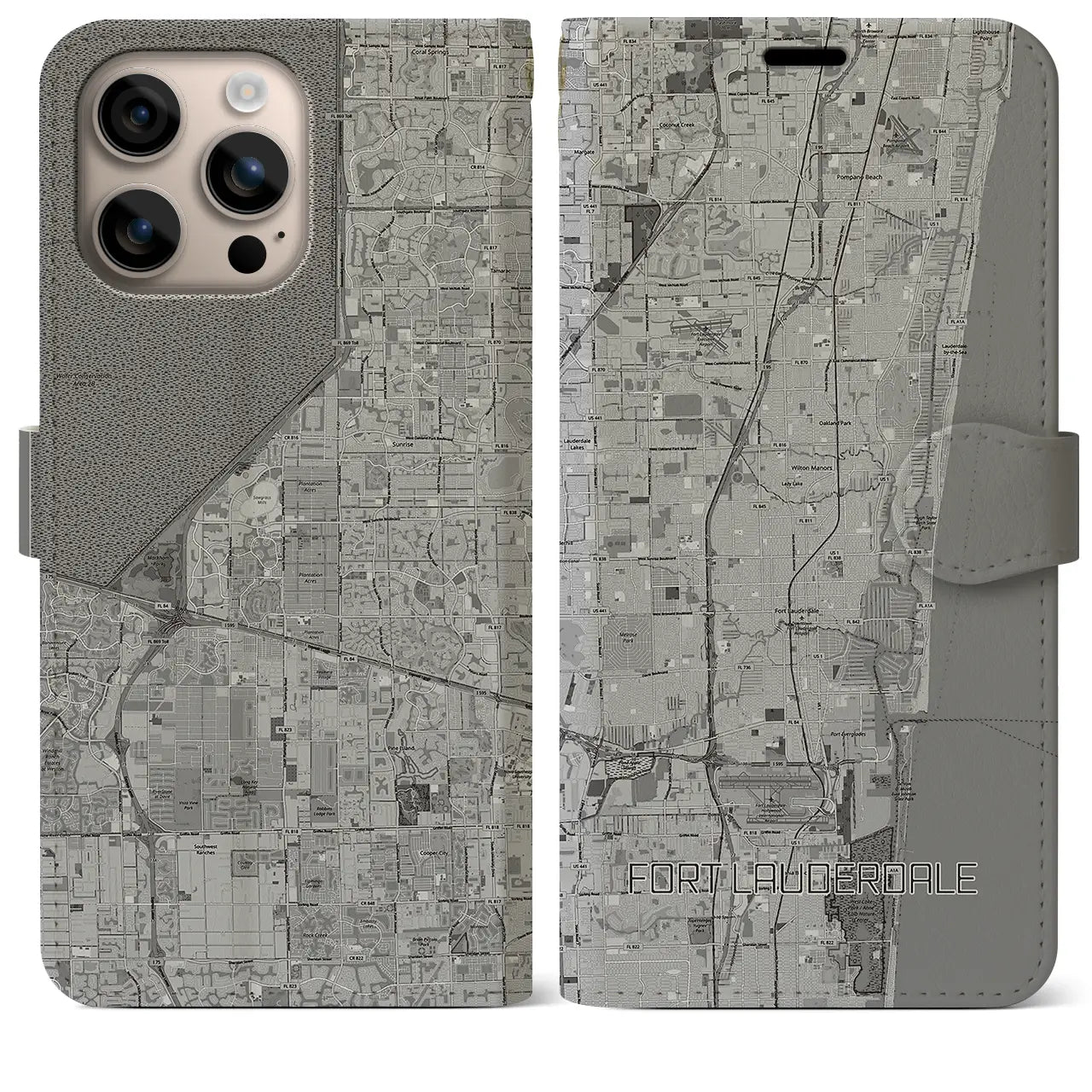 【フォートローダーデール(アメリカ)】地図柄iPhoneケース(手帳タイプ)モノトーン・iPhone 16 Plus 用