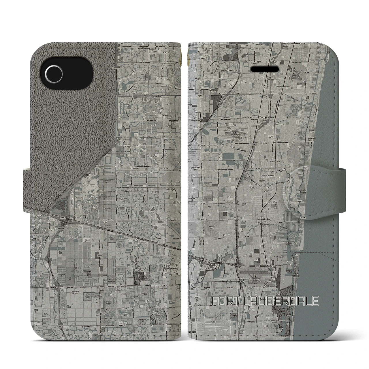 【フォートローダーデール(アメリカ)】地図柄iPhoneケース(手帳タイプ)モノトーン・iPhone SE(第3 / 第2世代) / 8 / 7 / 6s / 6 用