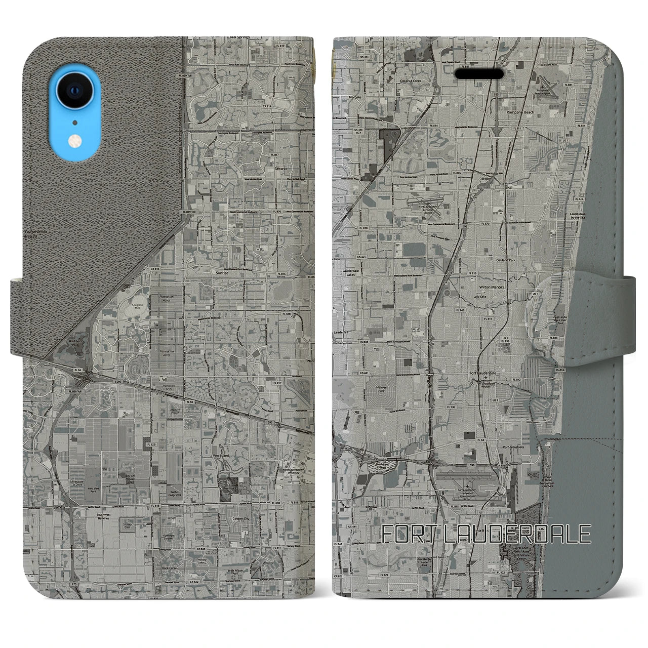 【フォートローダーデール(アメリカ)】地図柄iPhoneケース(手帳タイプ)モノトーン・iPhone XR 用