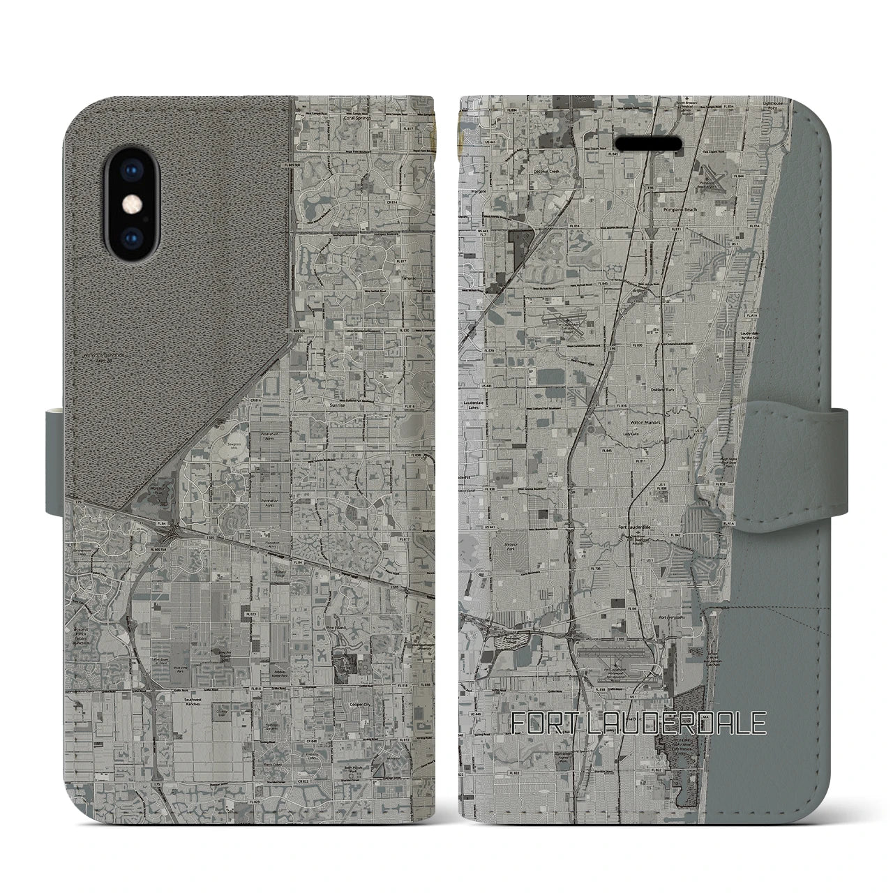 【フォートローダーデール(アメリカ)】地図柄iPhoneケース(手帳タイプ)モノトーン・iPhone XS / X 用