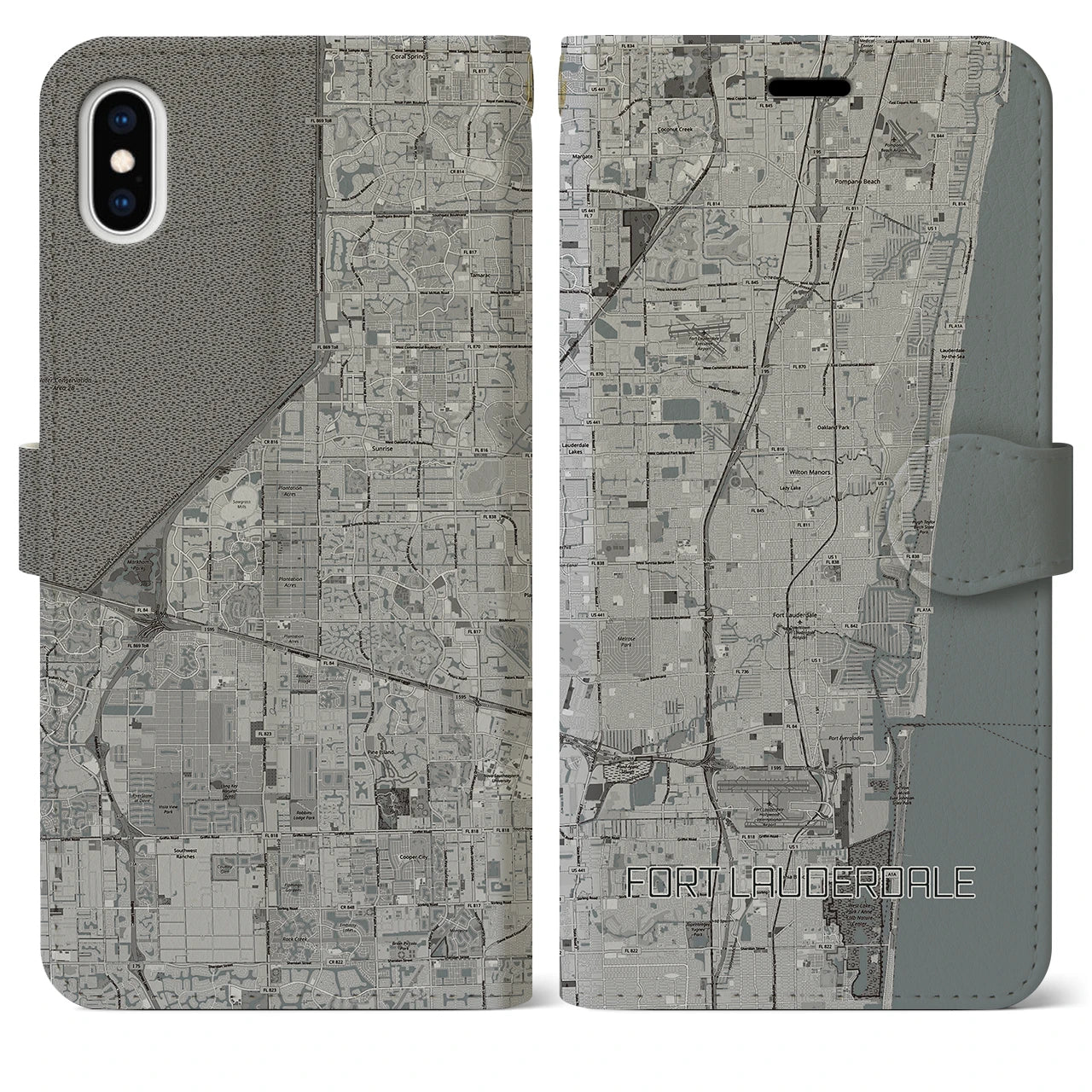 【フォートローダーデール(アメリカ)】地図柄iPhoneケース(手帳タイプ)モノトーン・iPhone XS Max 用