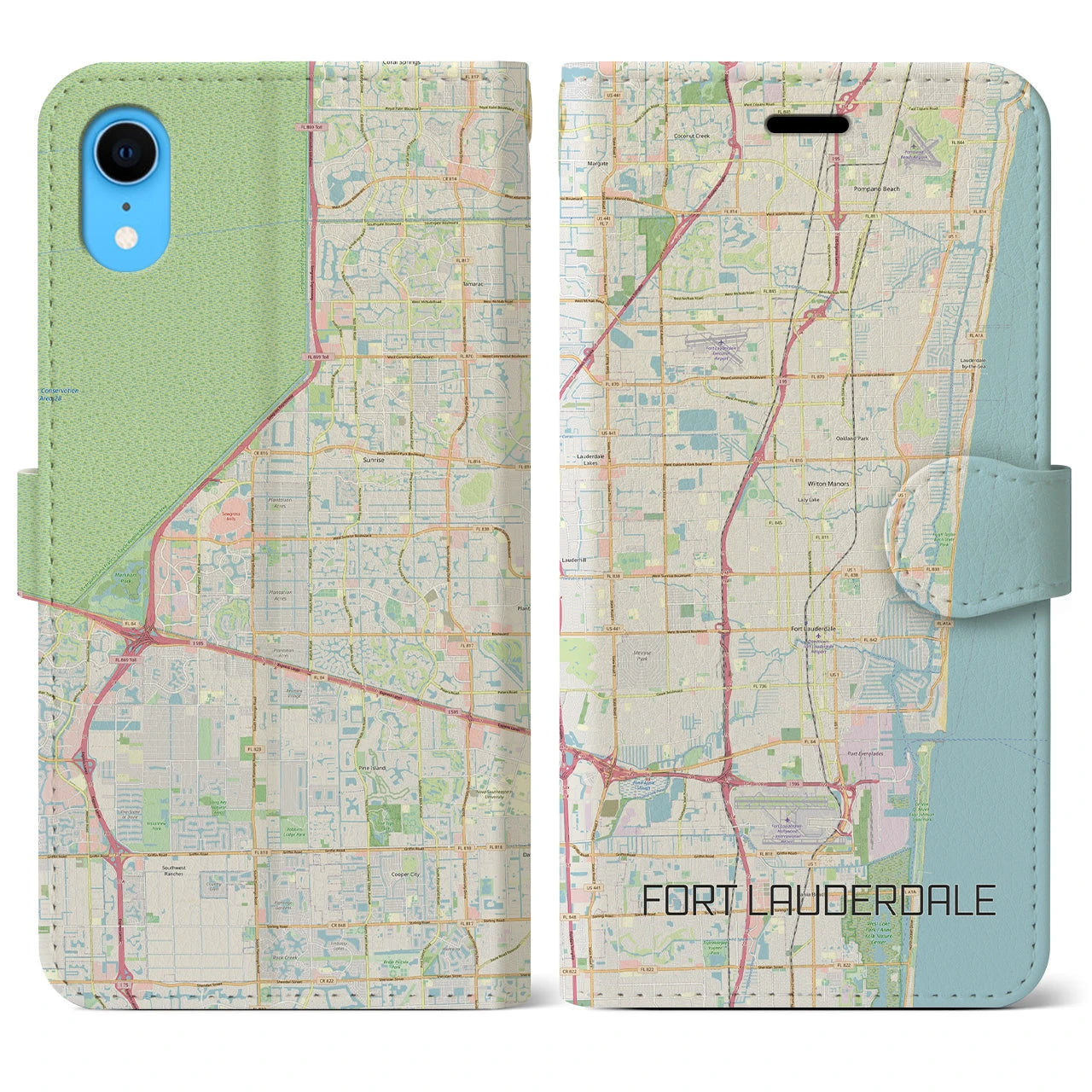 【フォートローダーデール(アメリカ)】地図柄iPhoneケース(手帳タイプ)ナチュラル・iPhone XR 用