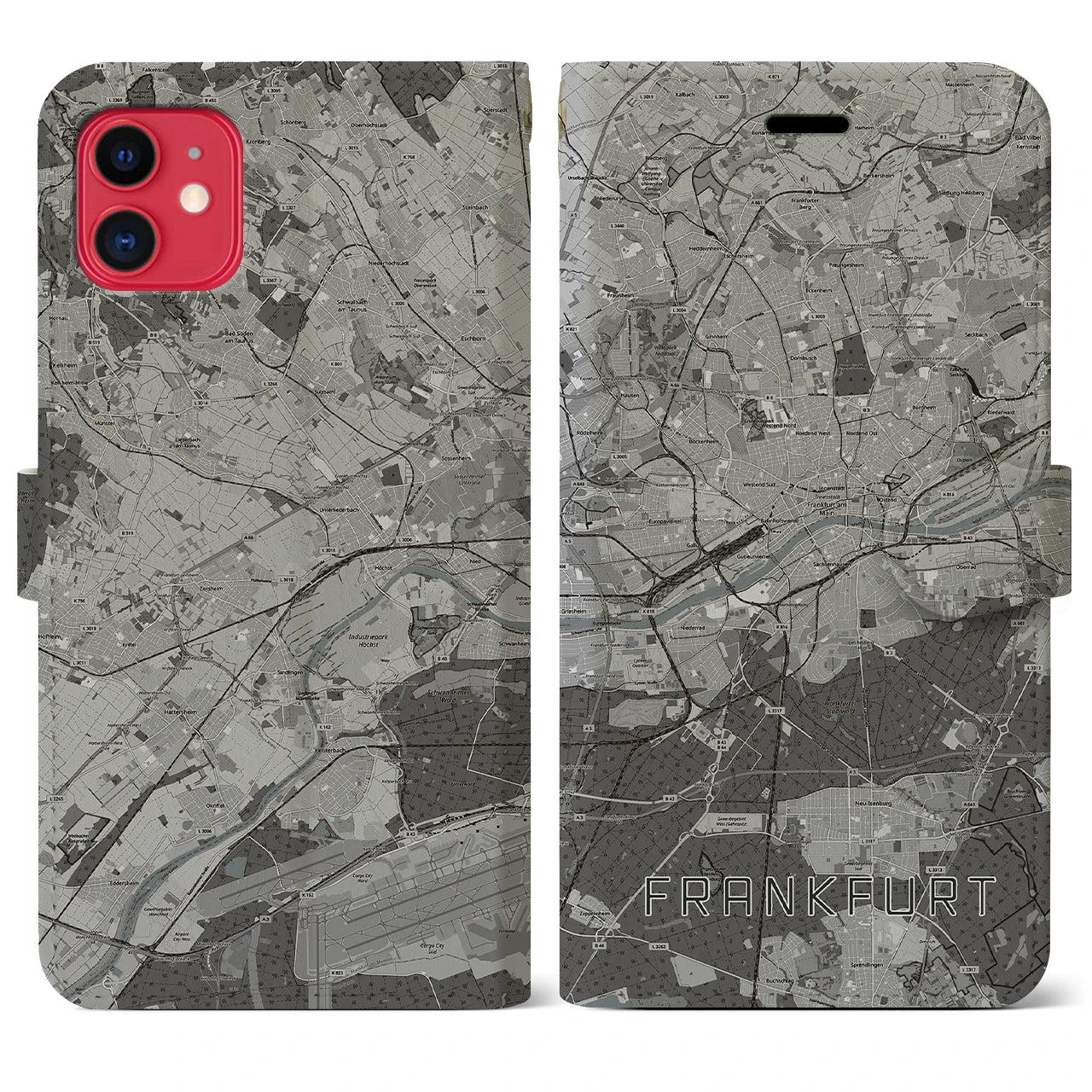 【フランクフルト(ドイツ)】地図柄iPhoneケース(手帳タイプ)モノトーン・iPhone 11 用