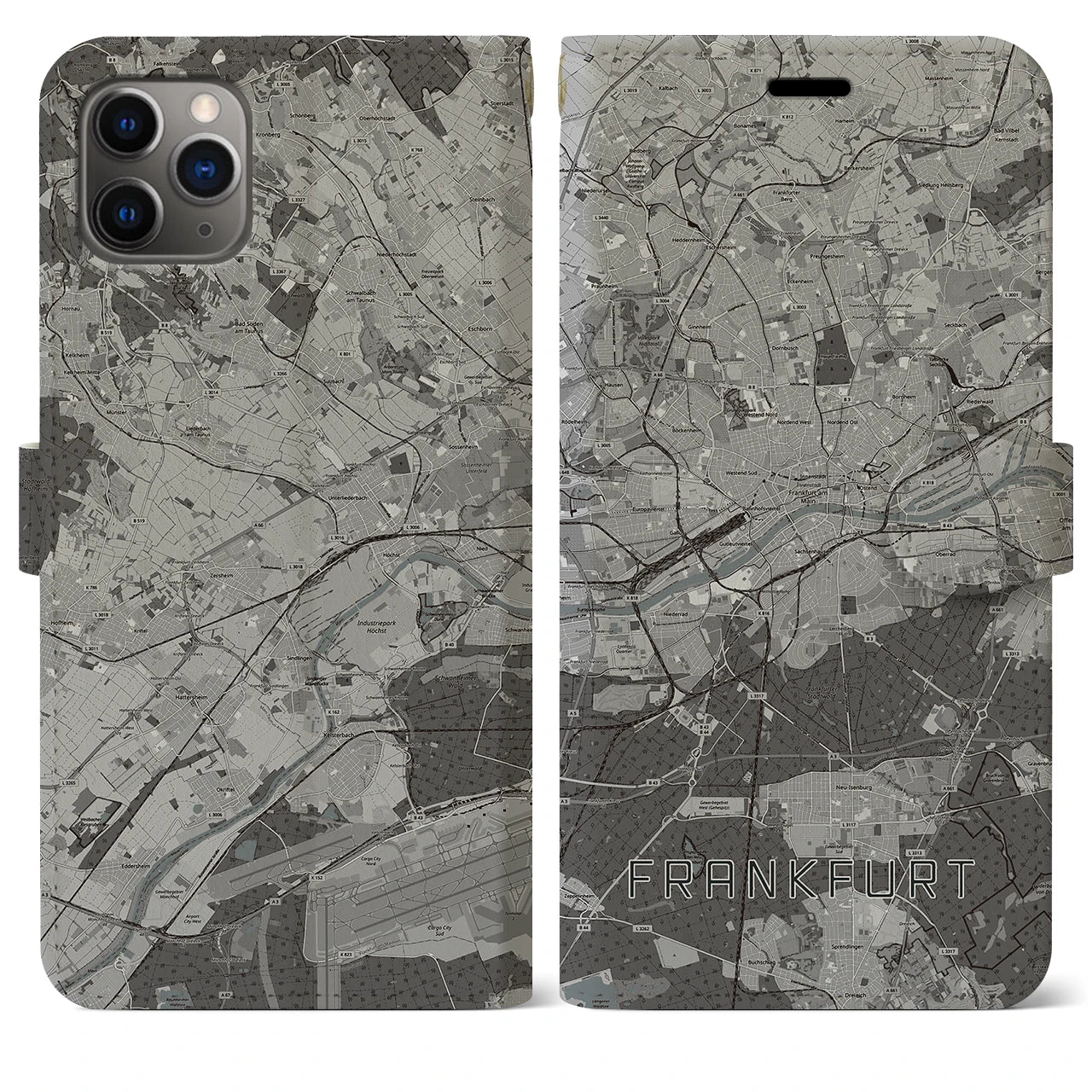 【フランクフルト(ドイツ)】地図柄iPhoneケース(手帳タイプ)モノトーン・iPhone 11 Pro Max 用