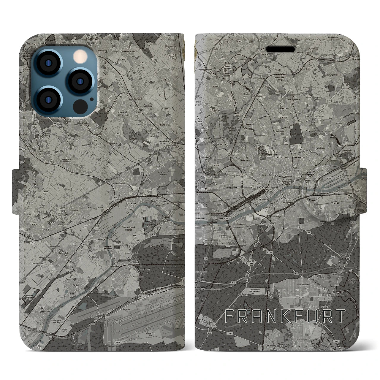 【フランクフルト(ドイツ)】地図柄iPhoneケース(手帳タイプ)モノトーン・iPhone 12 / 12 Pro 用