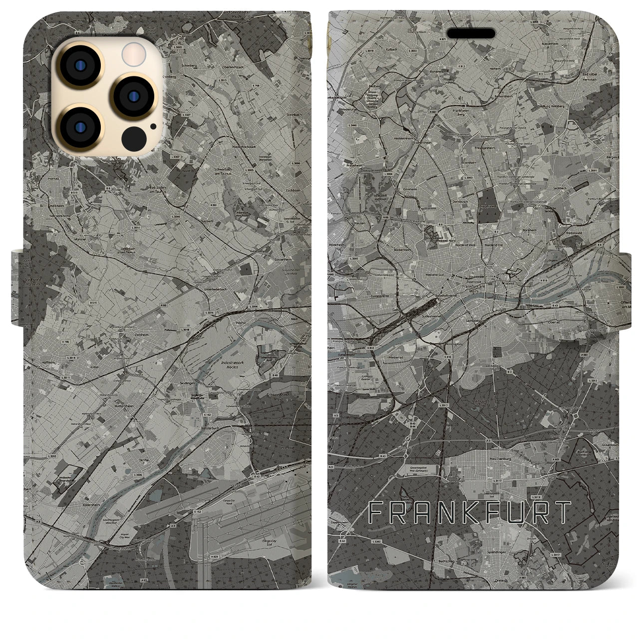 【フランクフルト(ドイツ)】地図柄iPhoneケース(手帳タイプ)モノトーン・iPhone 12 Pro Max 用