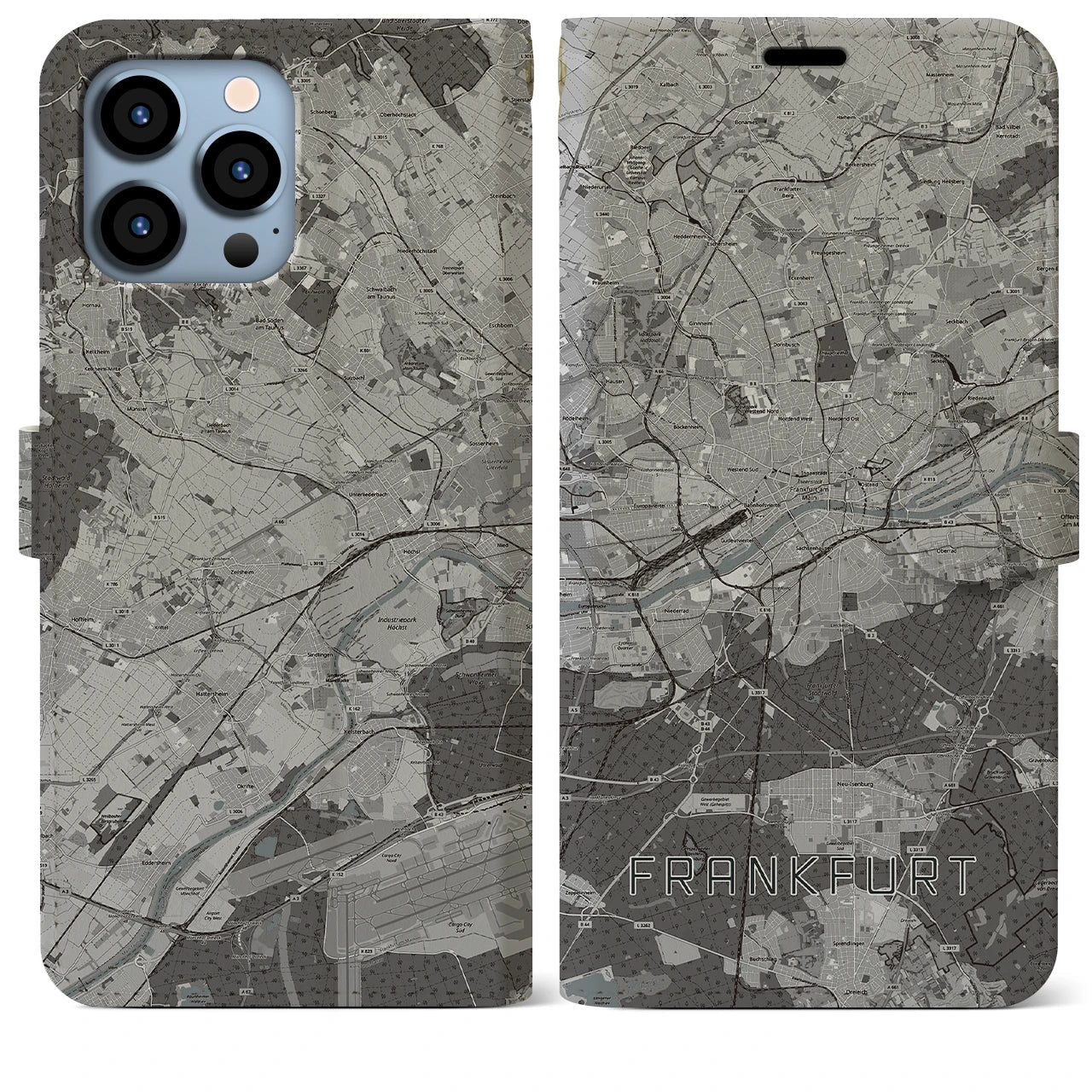 【フランクフルト(ドイツ)】地図柄iPhoneケース(手帳タイプ)モノトーン・iPhone 13 Pro Max 用