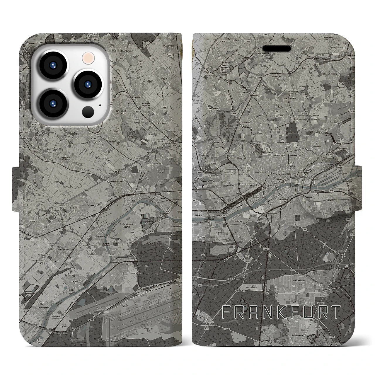 【フランクフルト(ドイツ)】地図柄iPhoneケース(手帳タイプ)モノトーン・iPhone 13 Pro 用