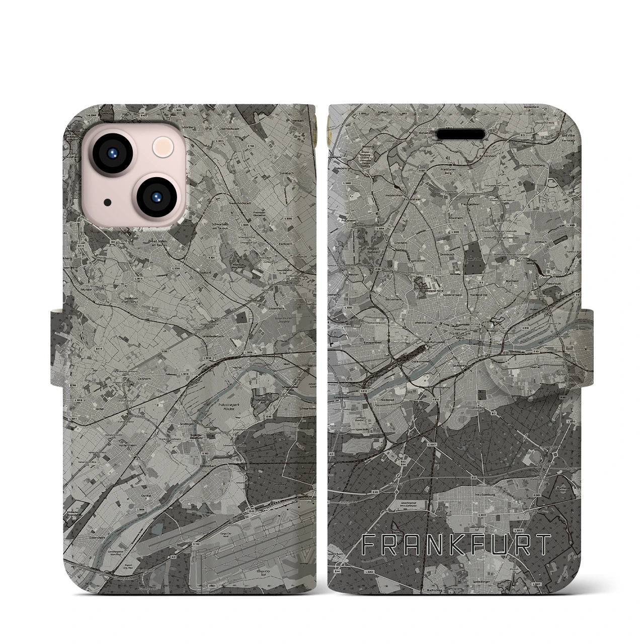 【フランクフルト(ドイツ)】地図柄iPhoneケース(手帳タイプ)モノトーン・iPhone 13 mini 用