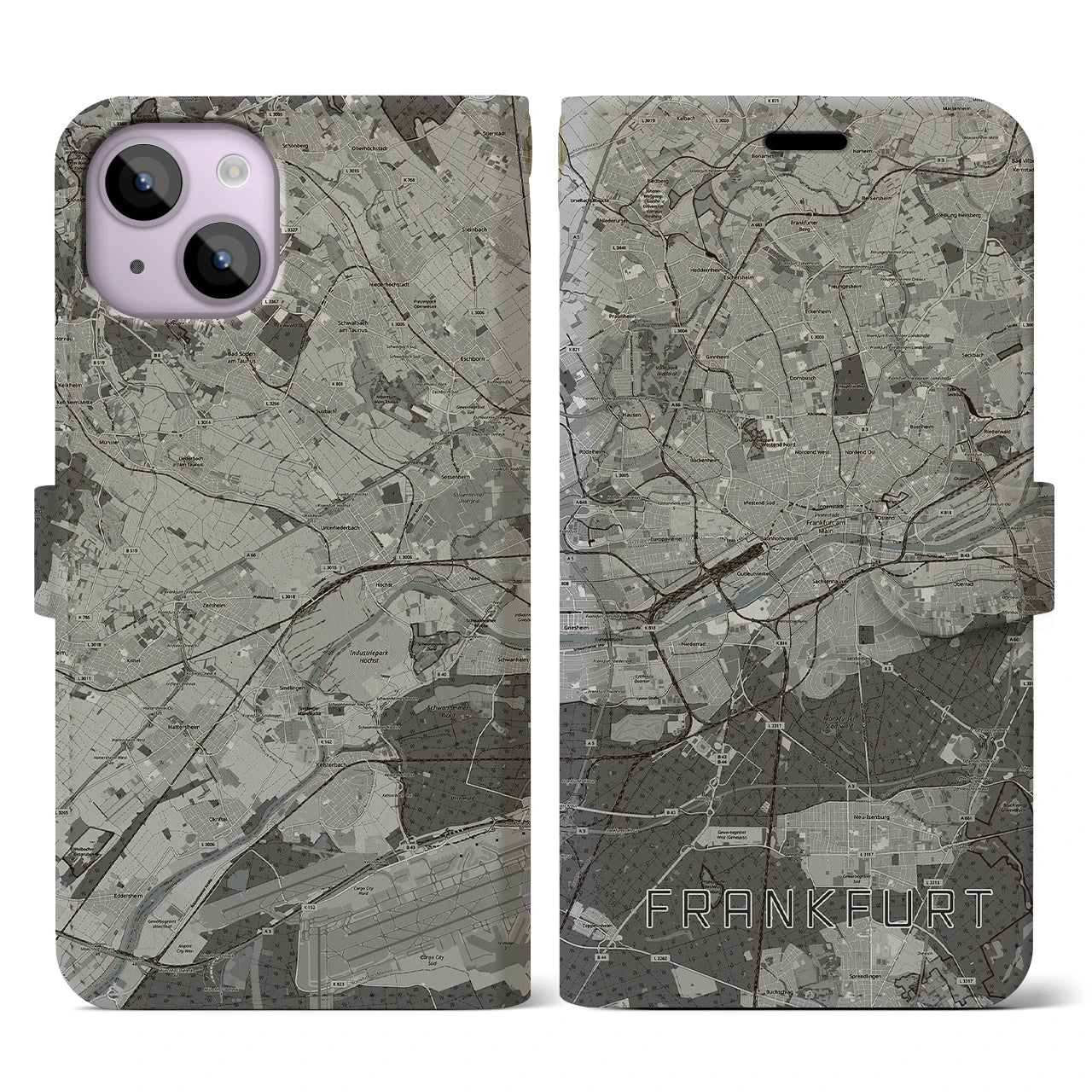 【フランクフルト(ドイツ)】地図柄iPhoneケース(手帳タイプ)モノトーン・iPhone 14 用