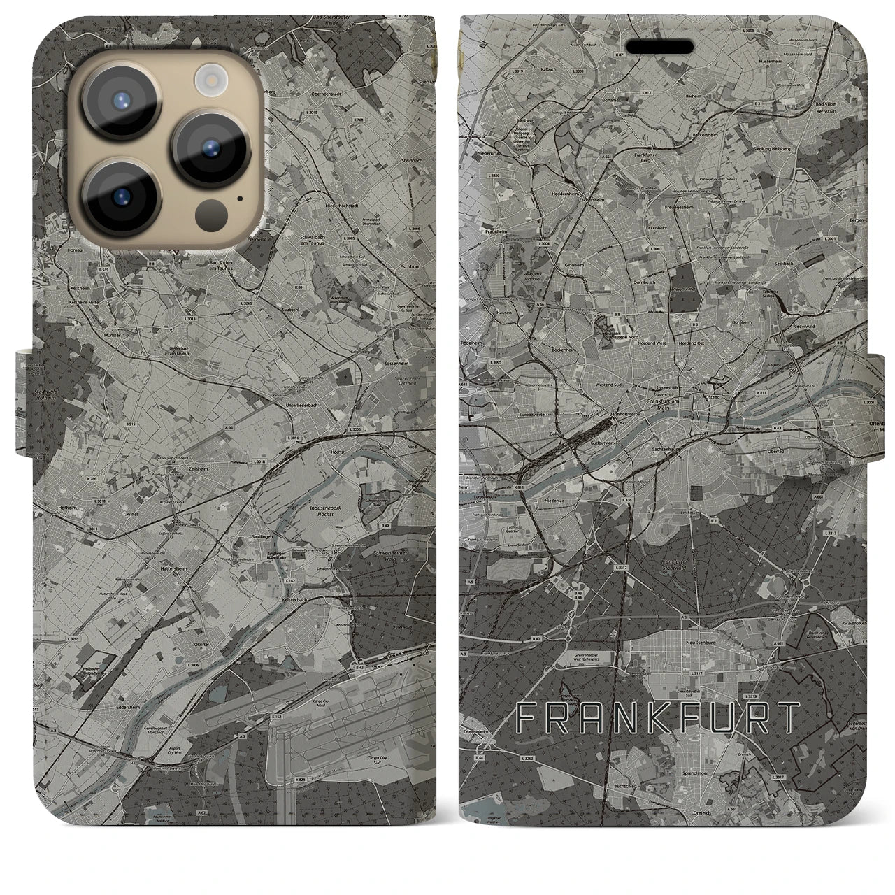 【フランクフルト(ドイツ)】地図柄iPhoneケース(手帳タイプ)モノトーン・iPhone 14 Pro Max 用