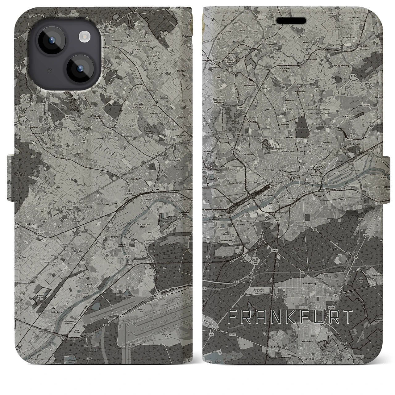 【フランクフルト(ドイツ)】地図柄iPhoneケース(手帳タイプ)モノトーン・iPhone 14 Plus 用