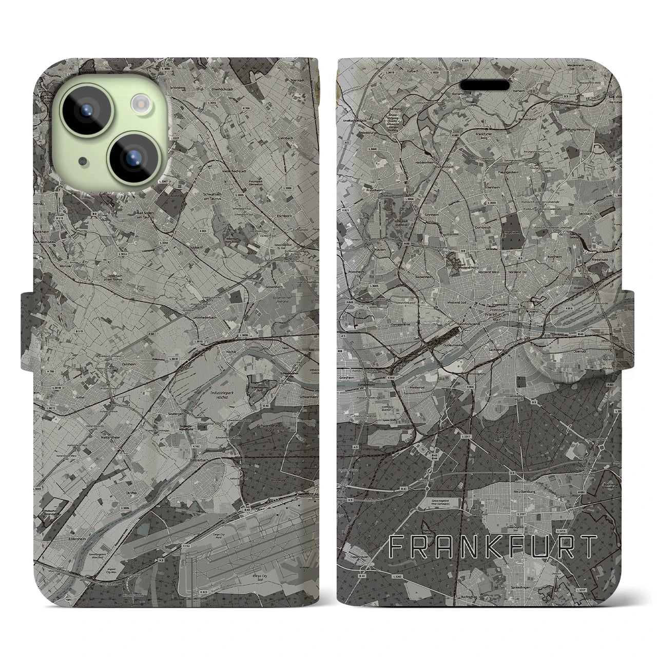 【フランクフルト(ドイツ)】地図柄iPhoneケース(手帳タイプ)モノトーン・iPhone 15 用