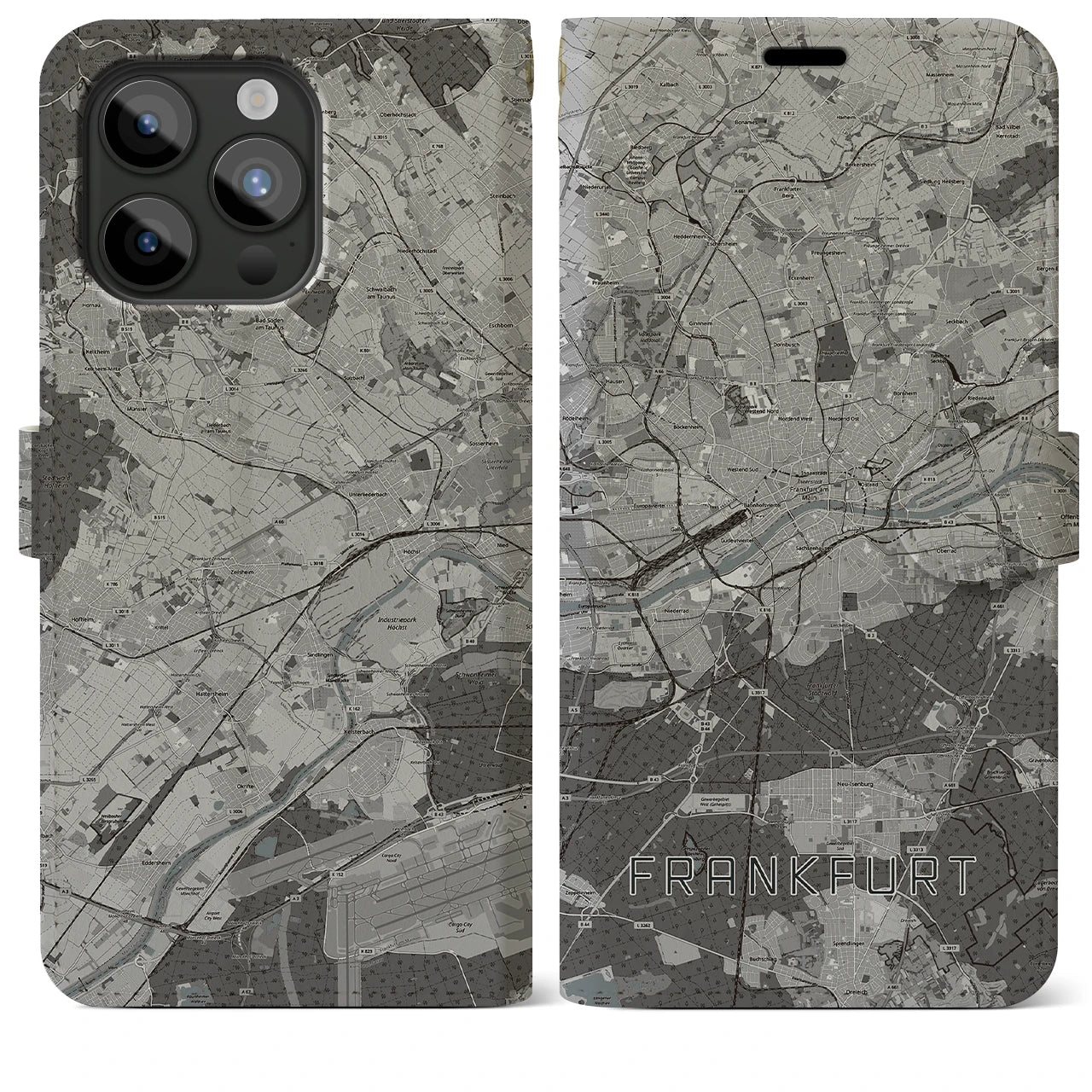 【フランクフルト(ドイツ)】地図柄iPhoneケース(手帳タイプ)モノトーン・iPhone 15 Pro Max 用