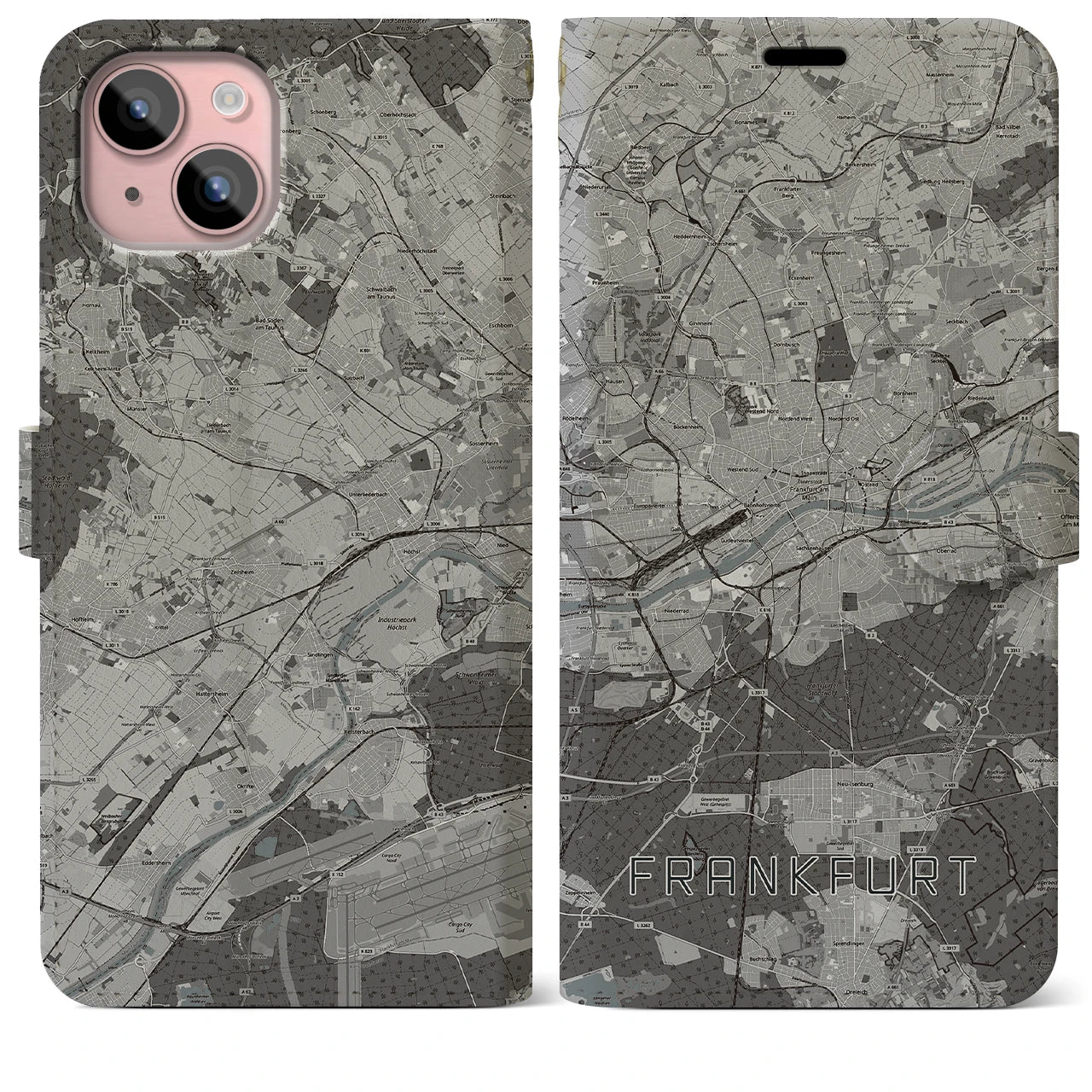 【フランクフルト(ドイツ)】地図柄iPhoneケース(手帳タイプ)モノトーン・iPhone 15 Plus 用