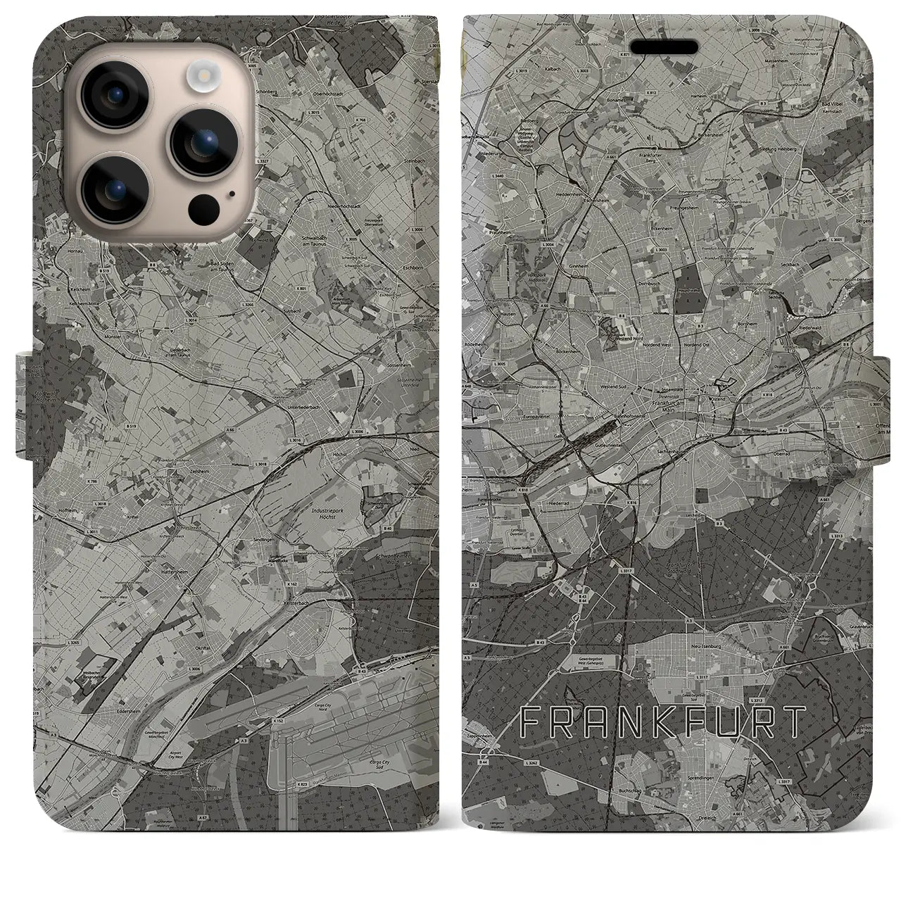 【フランクフルト(ドイツ)】地図柄iPhoneケース(手帳タイプ)モノトーン・iPhone 16 Plus 用