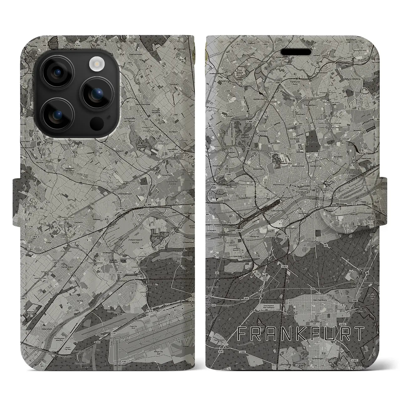 【フランクフルト(ドイツ)】地図柄iPhoneケース(手帳タイプ)モノトーン・iPhone 16 用