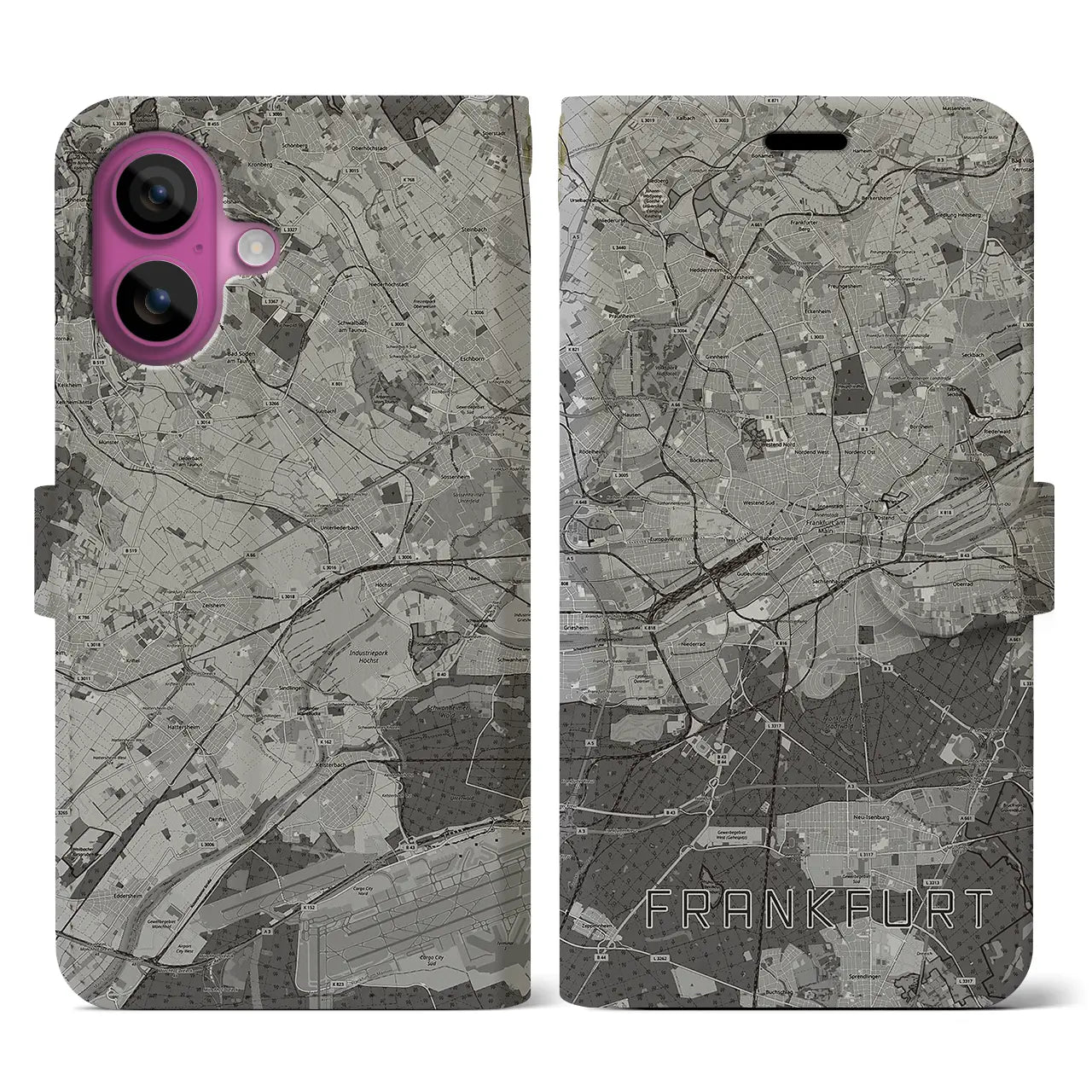 【フランクフルト(ドイツ)】地図柄iPhoneケース(手帳タイプ)モノトーン・iPhone 16 Pro 用