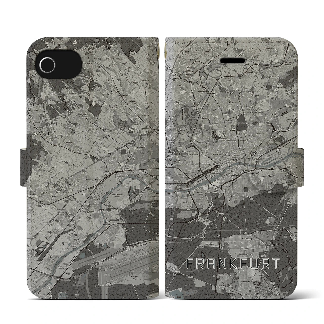 【フランクフルト(ドイツ)】地図柄iPhoneケース(手帳タイプ)モノトーン・iPhone SE(第3 / 第2世代) / 8 / 7 / 6s / 6 用