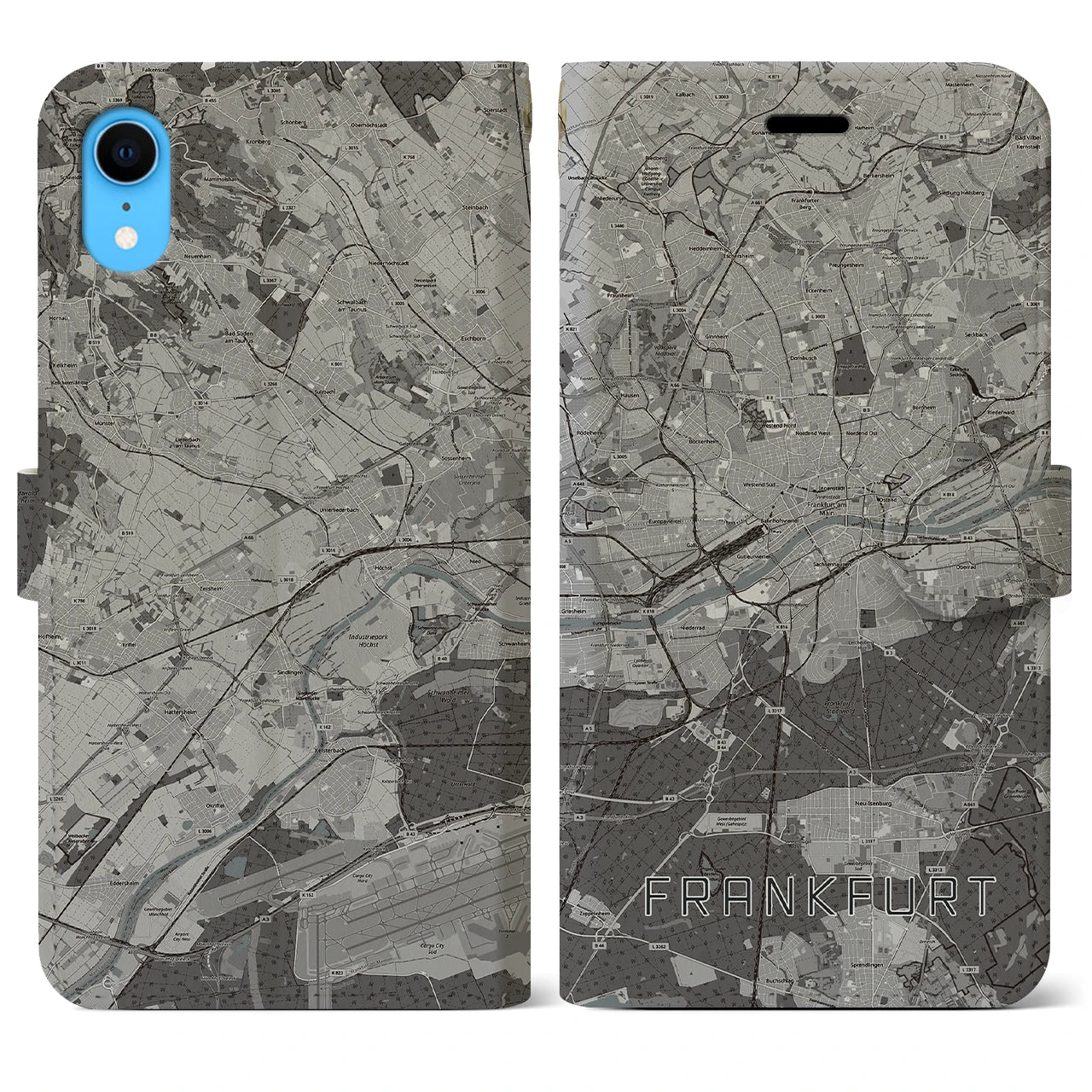 【フランクフルト(ドイツ)】地図柄iPhoneケース(手帳タイプ)モノトーン・iPhone XR 用