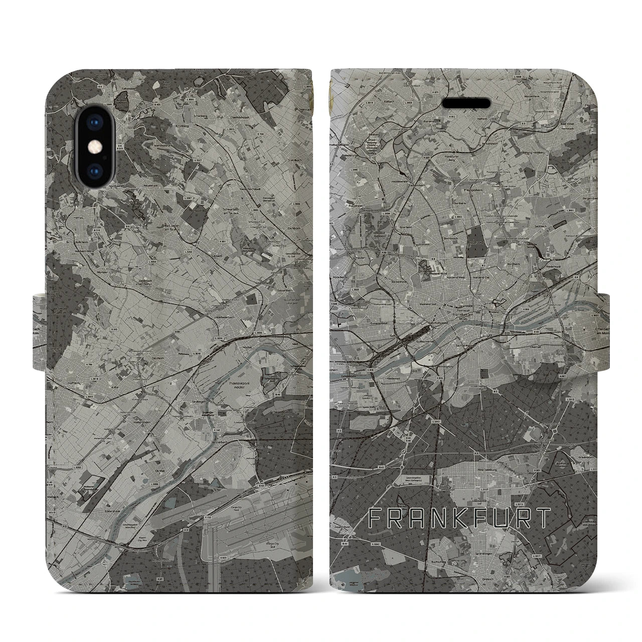 【フランクフルト(ドイツ)】地図柄iPhoneケース(手帳タイプ)モノトーン・iPhone XS / X 用