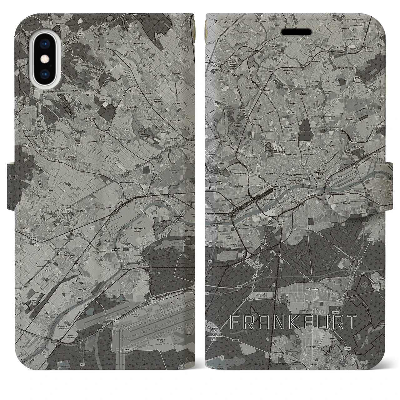 【フランクフルト(ドイツ)】地図柄iPhoneケース(手帳タイプ)モノトーン・iPhone XS Max 用