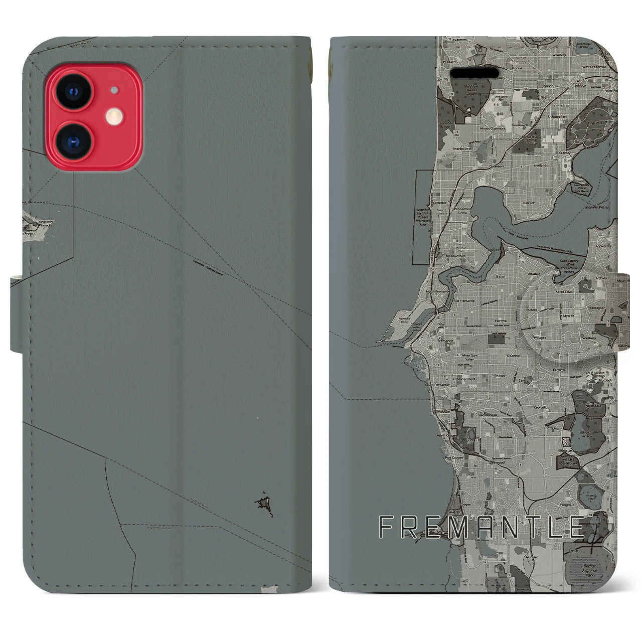 【フリーマントル(オーストラリア)】地図柄iPhoneケース(手帳タイプ)モノトーン・iPhone 11 用