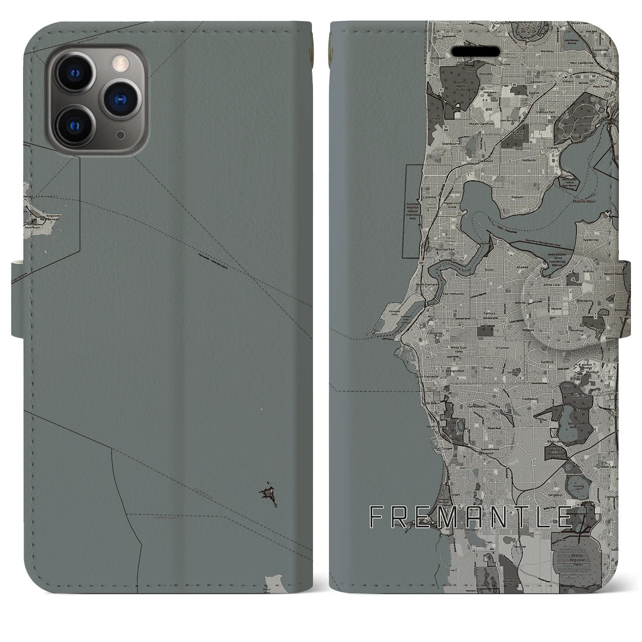 【フリーマントル(オーストラリア)】地図柄iPhoneケース(手帳タイプ)モノトーン・iPhone 11 Pro Max 用