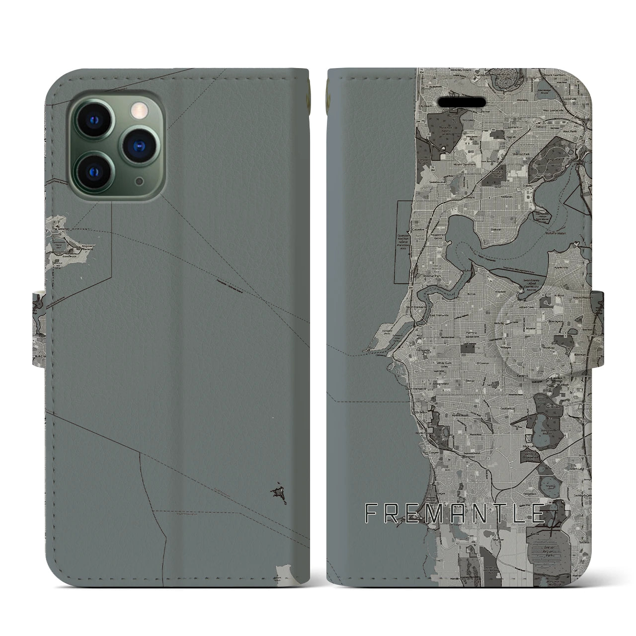 【フリーマントル(オーストラリア)】地図柄iPhoneケース(手帳タイプ)モノトーン・iPhone 11 Pro 用