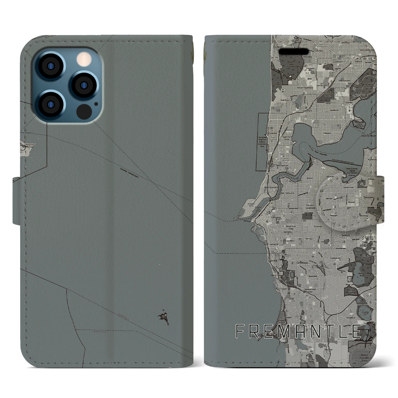 【フリーマントル(オーストラリア)】地図柄iPhoneケース(手帳タイプ)モノトーン・iPhone 12 / 12 Pro 用