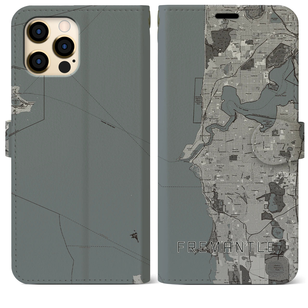 【フリーマントル(オーストラリア)】地図柄iPhoneケース(手帳タイプ)モノトーン・iPhone 12 Pro Max 用