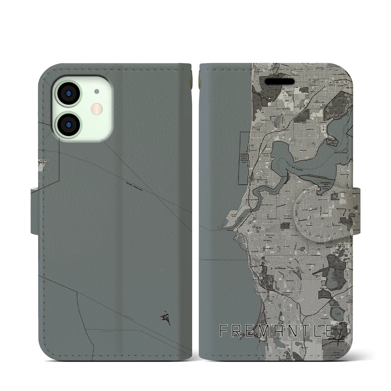 【フリーマントル(オーストラリア)】地図柄iPhoneケース(手帳タイプ)モノトーン・iPhone 12 mini 用