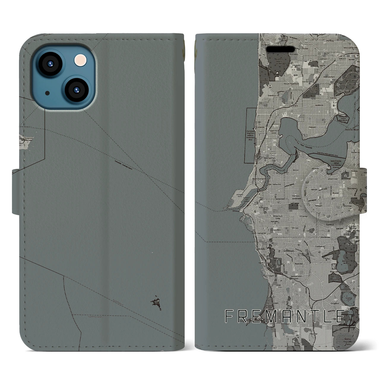【フリーマントル(オーストラリア)】地図柄iPhoneケース(手帳タイプ)モノトーン・iPhone 13 用