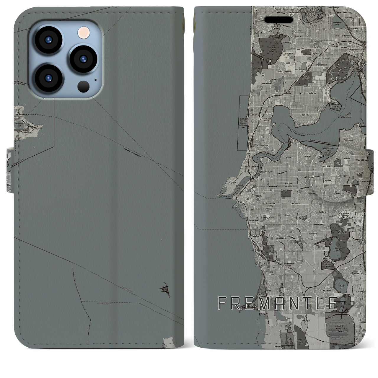 【フリーマントル(オーストラリア)】地図柄iPhoneケース(手帳タイプ)モノトーン・iPhone 13 Pro Max 用