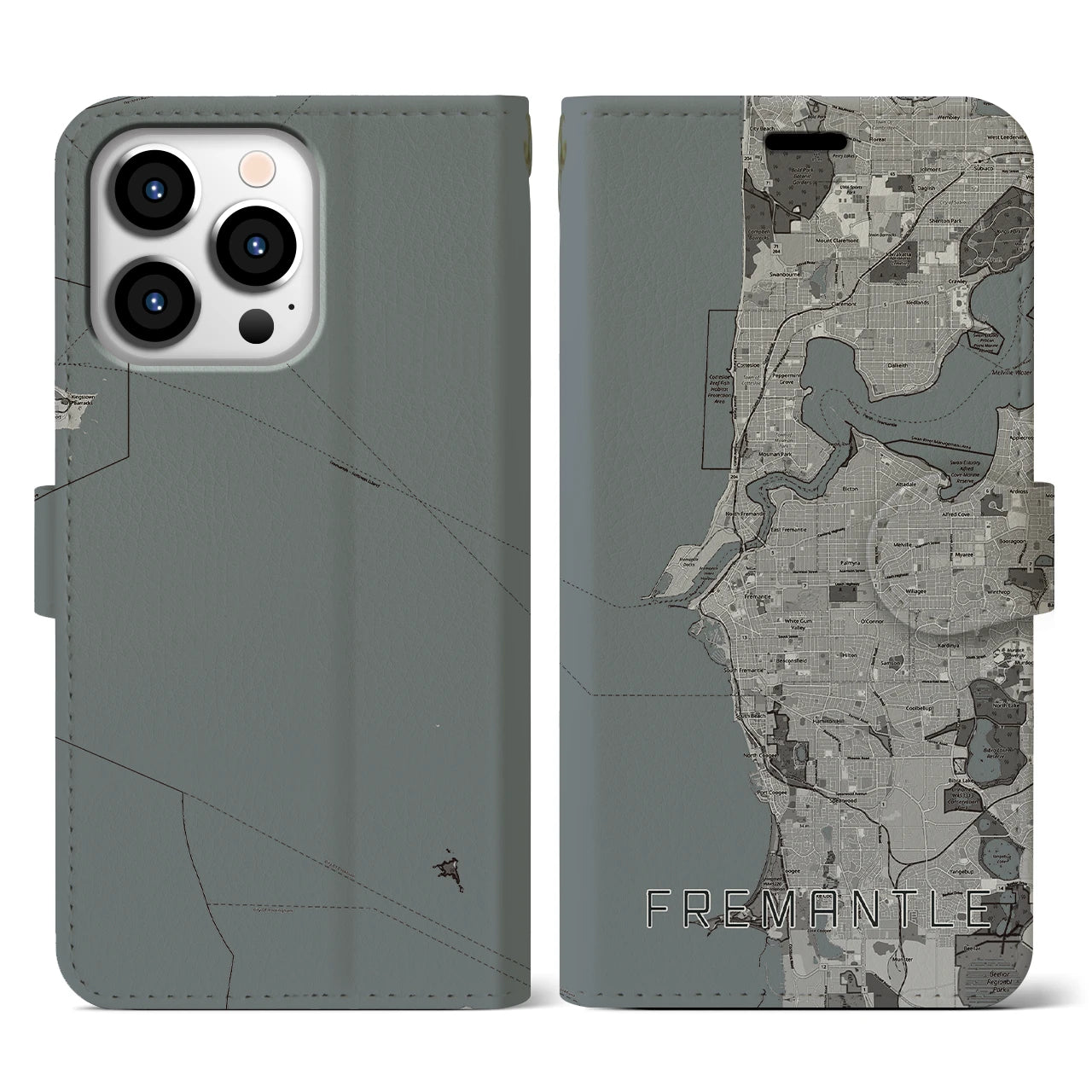 【フリーマントル(オーストラリア)】地図柄iPhoneケース(手帳タイプ)モノトーン・iPhone 13 Pro 用