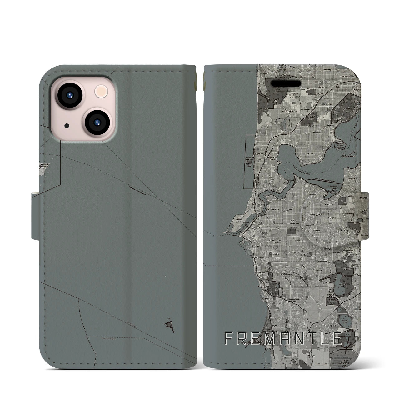【フリーマントル(オーストラリア)】地図柄iPhoneケース(手帳タイプ)モノトーン・iPhone 13 mini 用