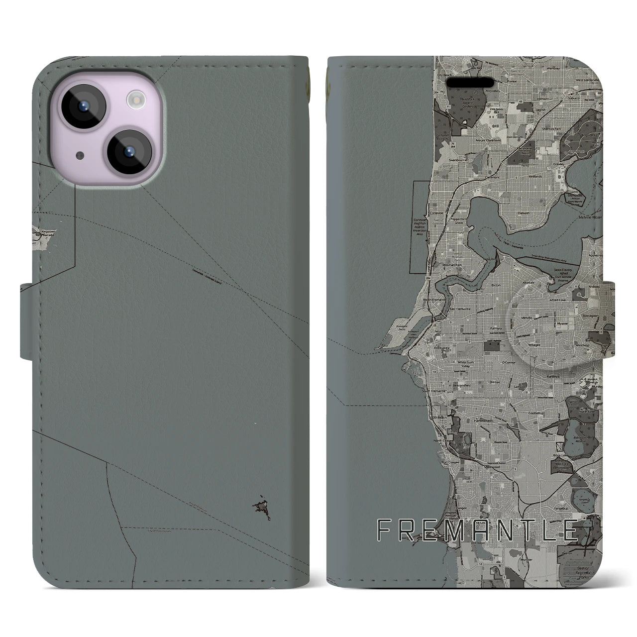 【フリーマントル(オーストラリア)】地図柄iPhoneケース(手帳タイプ)モノトーン・iPhone 14 用