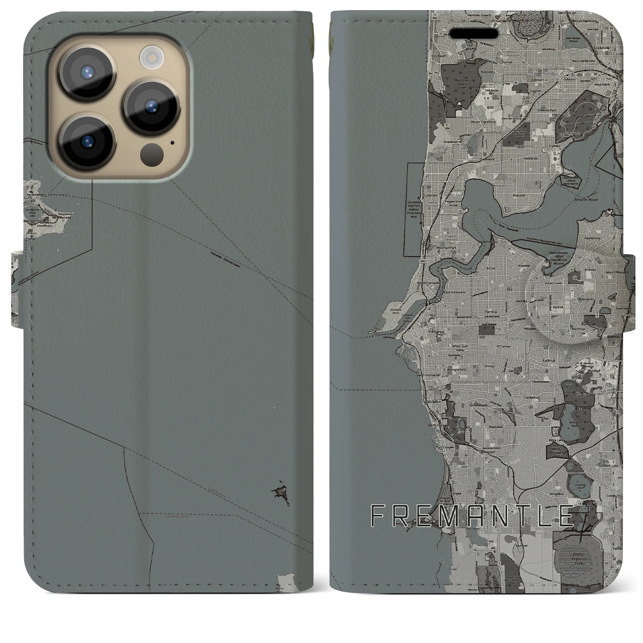 【フリーマントル(オーストラリア)】地図柄iPhoneケース(手帳タイプ)モノトーン・iPhone 14 Pro Max 用