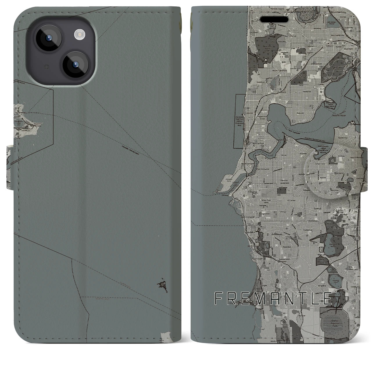 【フリーマントル(オーストラリア)】地図柄iPhoneケース(手帳タイプ)モノトーン・iPhone 14 Plus 用