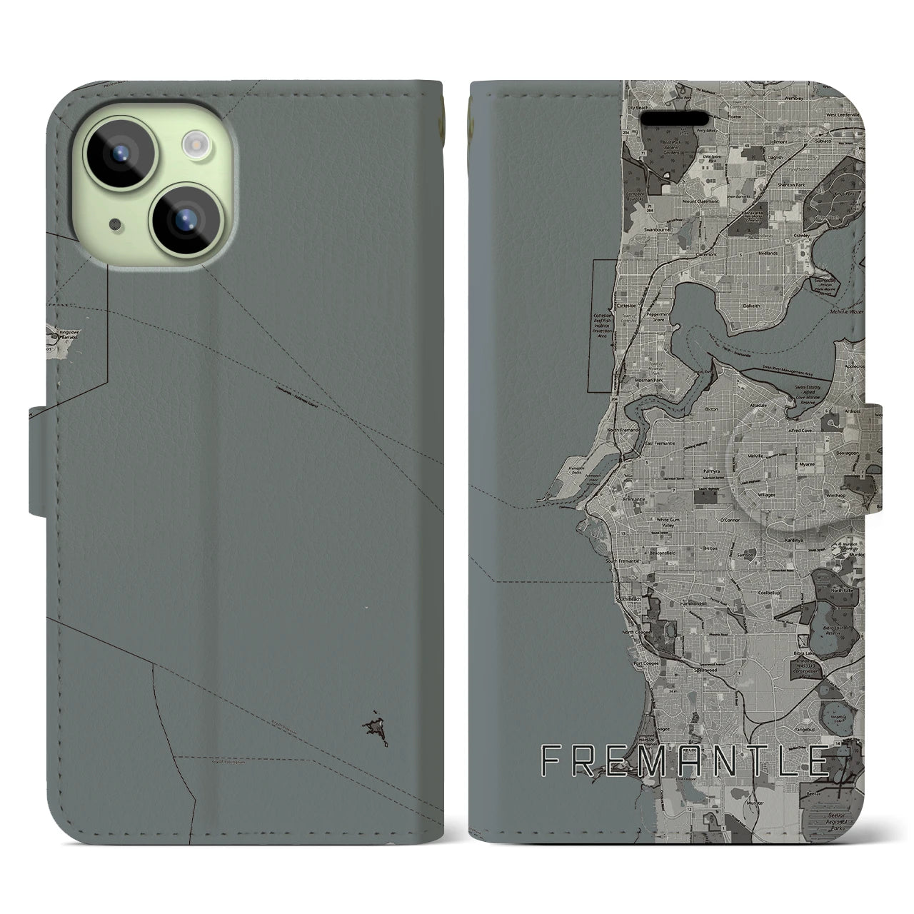 【フリーマントル(オーストラリア)】地図柄iPhoneケース(手帳タイプ)モノトーン・iPhone 15 用