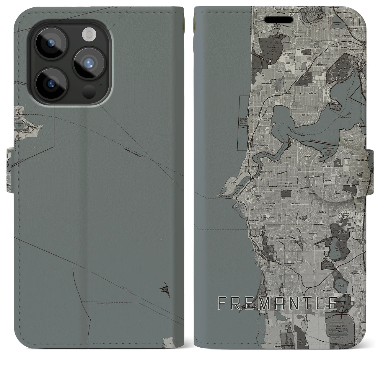 【フリーマントル(オーストラリア)】地図柄iPhoneケース(手帳タイプ)モノトーン・iPhone 15 Pro Max 用