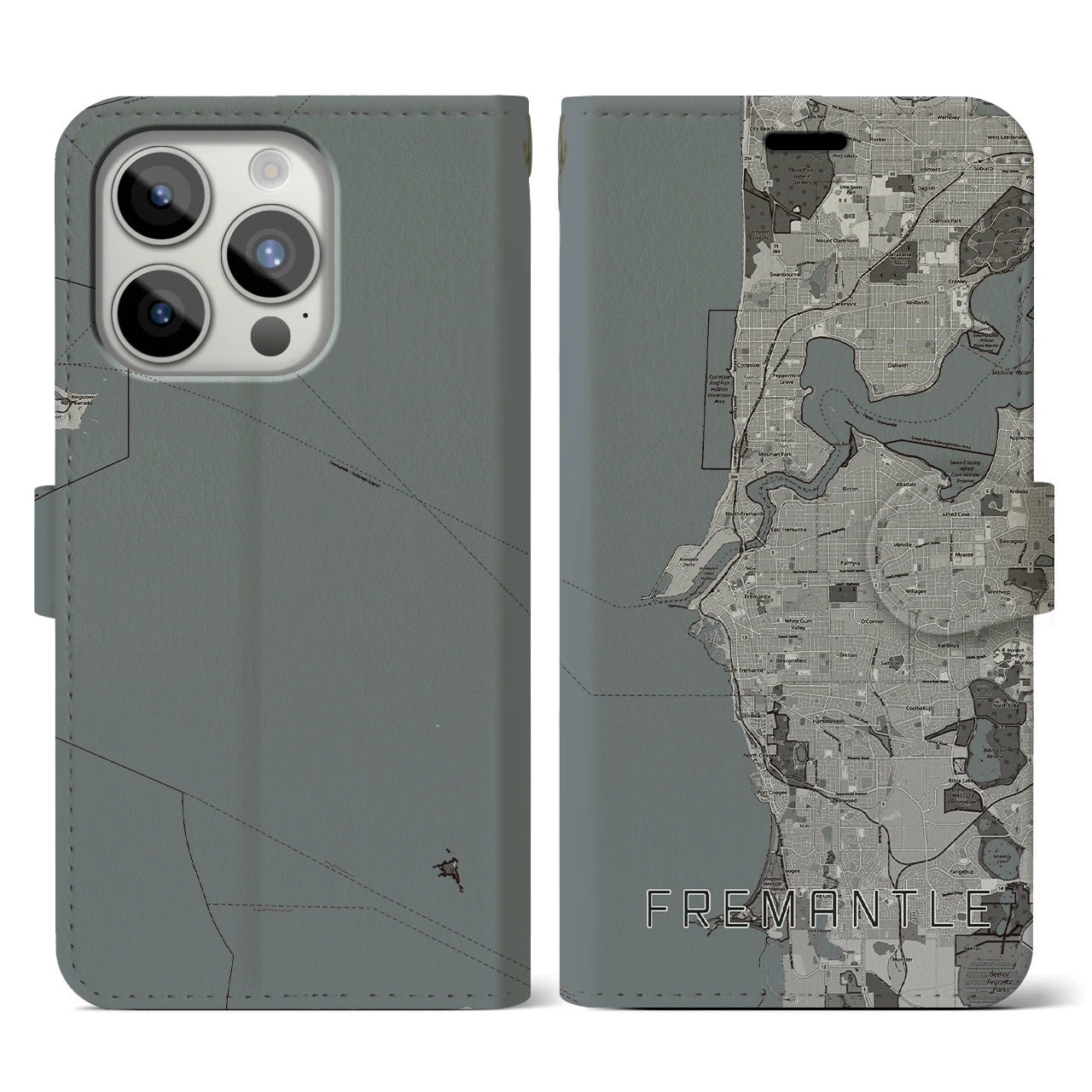 【フリーマントル(オーストラリア)】地図柄iPhoneケース(手帳タイプ)モノトーン・iPhone 15 Pro 用