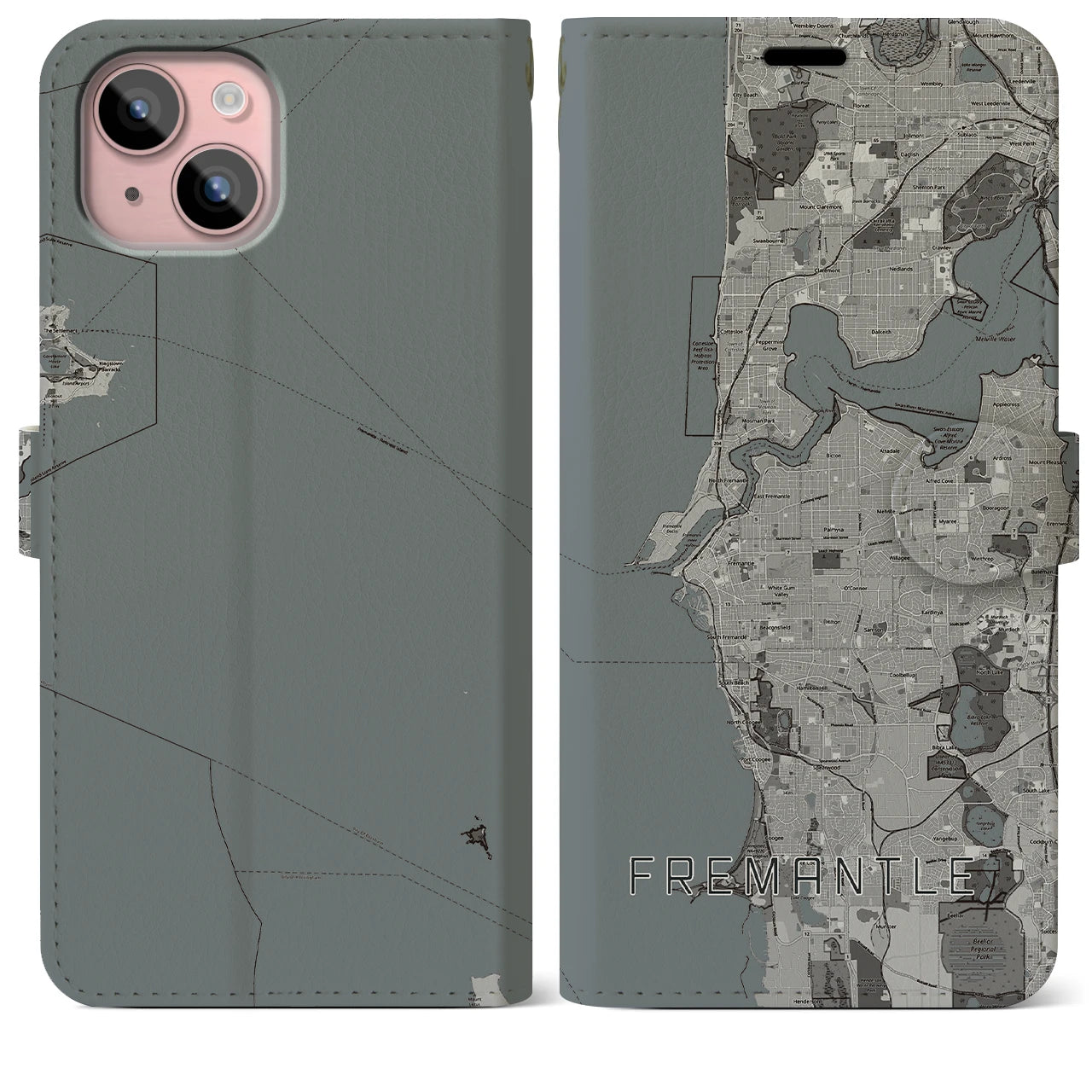 【フリーマントル(オーストラリア)】地図柄iPhoneケース(手帳タイプ)モノトーン・iPhone 15 Plus 用