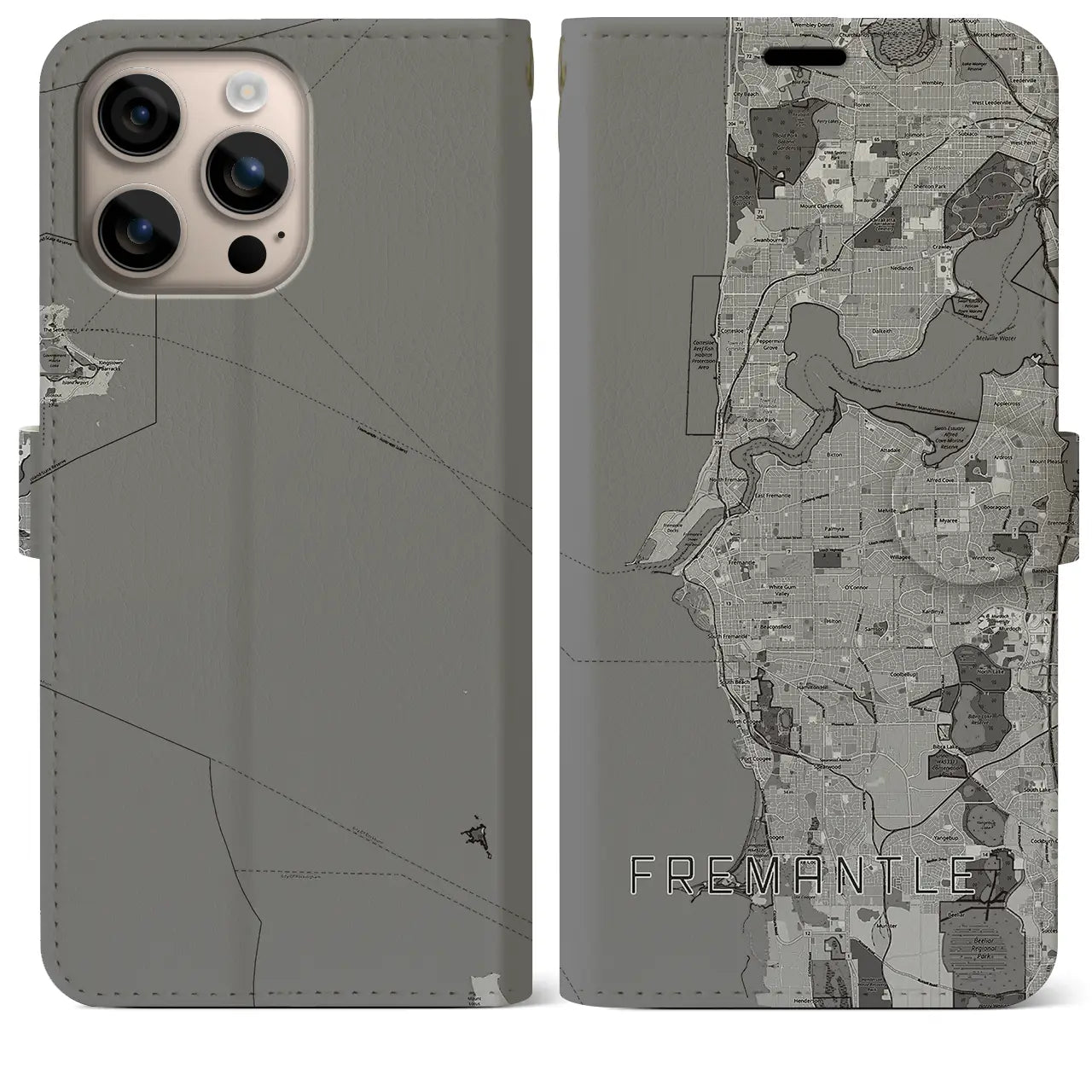【フリーマントル(オーストラリア)】地図柄iPhoneケース(手帳タイプ)モノトーン・iPhone 16 Plus 用